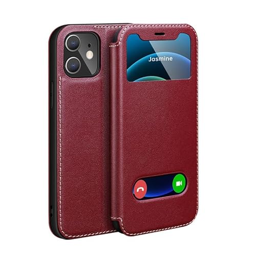 Yidai-Silu iPhone 12/12 Pro Echtleder Hülle 【Sichtfenster, Standfunktion, Magnetverschluss】 Flip Case Schutz Tasche Etui Handy Cover Schutzhülle für Apple iPhone 12/12 Pro - Rot von Yidai-Silu