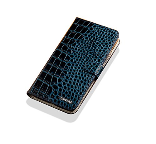 Yidai-Silu iPhone 14 Echt Leder Flip Hülle 【Magnet, Krokodiltextur, Ständer】 Geldbörse Tasche Handy Cover Wallet Case für iPhone 14 6,1" - Magnet Alligator Blau von Yidai-Silu