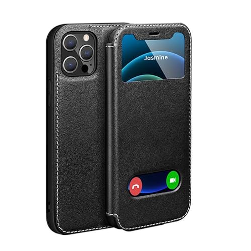 Yidai-Silu iPhone 14 Pro Max Echtleder Hülle 【Sichtfenster, Standfunktion, Magnetverschluss】 Flip Case Schutz Tasche Etui Handy Cover Schutzhülle für Apple iPhone 14 Pro Max - Schwarz von Yidai-Silu