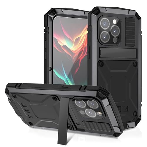 Yidai-Silu iPhone 15 Pro Max 360 Grad Militärstandard Hülle IP-54 Outdoor Hybrid Schutzhülle wasserdichte Stoßfest Metal Case Cover + Displayschutz für iPhone 15 Pro Max 6,1" - Schwarz von Yidai-Silu