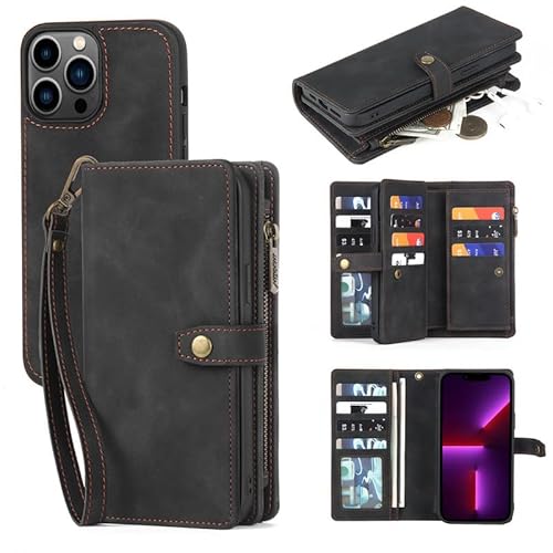 Yidai-Silu iPhone 15 Pro Max Handyhülle 【2 in 1 Abnehmbar, Hand Band, Kartenfach】 Wallet Magnet Case PU Leder Etui Flip Cover Schutz Schale Geldtasche für iPhone 15 Pro Max 6,7” - Schwarz von Yidai-Silu