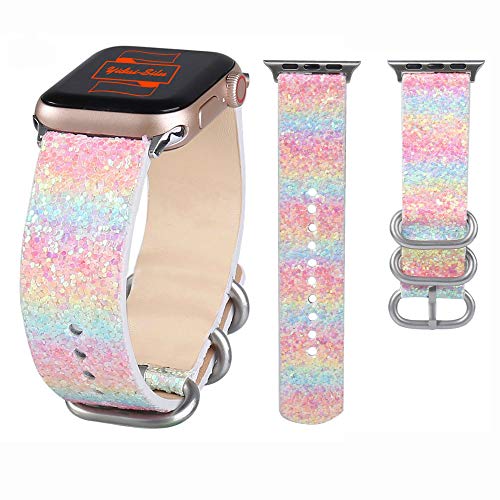 Yidai-Silu kompatibel mit Apple Watch Armband 38mm 40mm Glitzer Leder Bands【3D Pailletten, Rindsleder】 Echtleder Uhrenarmband Shiny Ersatzband Smartwatch Band für iWatch Serie 5 4 3 2 1 - Regenbogen von Yidai-Silu