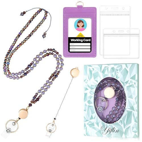 Yiflin Umhängeband mit Naturstein-Kristallen, Ausweis-Abzeichen für Schlüssel, einziehbares Lehrer-Umhängeband mit PU-Kartenhalter, Kunsthandwerk für Frauen (heller Amethyst) von Yiflin