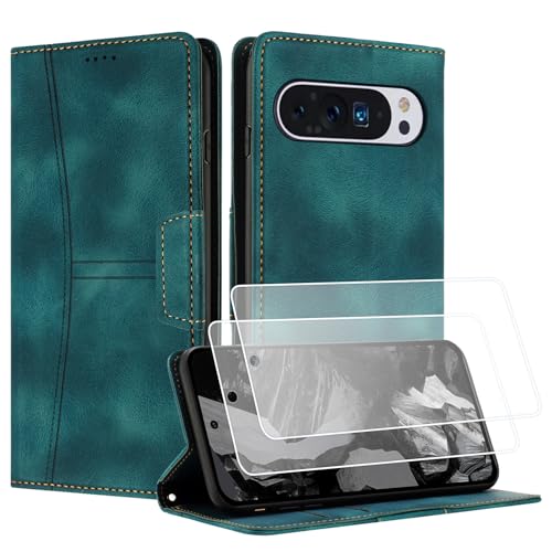 Yihaoyard Handyhülle für Google Pixel 9 Pro XL mit Displayschutzfolie mit Standfunktion Kartenhalter Magnetverschluss Schutzhülle Premium PU Wallet Leder Clip Flip Phone Case (Grün) von Yihaoyard