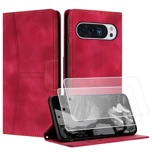 Yihaoyard Handyhülle für Google Pixel 9 Pro XL mit Displayschutzfolie mit Standfunktion Kartenhalter Magnetverschluss Schutzhülle Premium PU Wallet Leder Clip Flip Phone Case (Rot) von Yihaoyard
