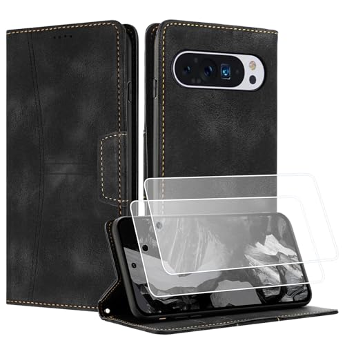Yihaoyard Handyhülle für Google Pixel 9 Pro XL mit Displayschutzfolie mit Standfunktion Kartenhalter Magnetverschluss Schutzhülle Premium PU Wallet Leder Clip Flip Phone Case (Schwarz) von Yihaoyard