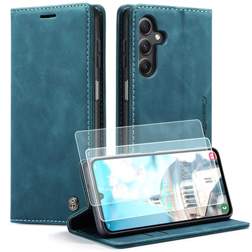 Yihaoyard Handyhülle für Samsung Galaxy A15 4G/5G Premium Lederhülle Handytasche mit Magnet Kartenhalter Standfunktion Flip Case für Samsung Galaxy A15-2 Schutzfolie (Blaugrün) von Yihaoyard