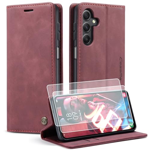Yihaoyard Handyhülle für Samsung Galaxy A15 4G/5G Premium Lederhülle Handytasche mit Magnet Kartenhalter Standfunktion Flip Case für Samsung Galaxy A15-2 Schutzfolie (Weinrot) von Yihaoyard