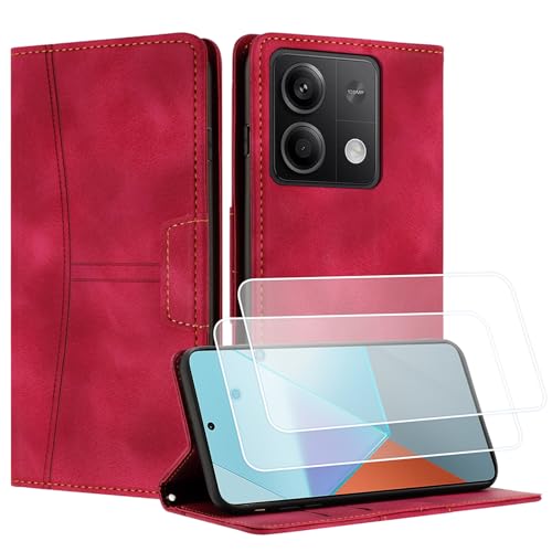 Yihaoyard Handyhülle für Xiaomi Redmi Note 13 4G/5G Premium Lederhülle Handytasche mit Magnet Kartenhalter Standfunktion Flip Case für Xiaomi Redmi Note 13 5G - 2 Panzerglas (Rot) von Yihaoyard