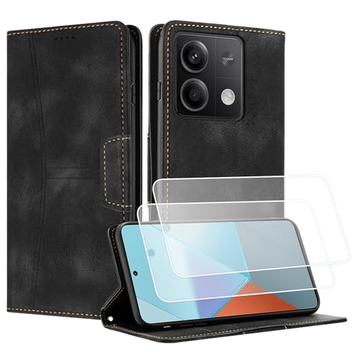 Yihaoyard Handyhülle für Xiaomi Redmi Note 13 4G/5G Premium Lederhülle Handytasche mit Magnet Kartenhalter Standfunktion Flip Case für Xiaomi Redmi Note 13 5G - 2 Panzerglas (Schwarz) von Yihaoyard