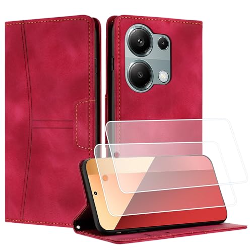 Yihaoyard Handyhülle für Xiaomi Redmi Note 13 Pro 4G Premium Lederhülle Handytasche mit Magnet Kartenhalter Standfunktion Flip Case für Xiaomi Redmi Note 13 Pro 4G - 2 Panzerglas (Rot) von Yihaoyard