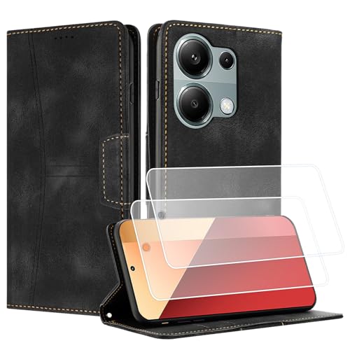 Yihaoyard Handyhülle für Xiaomi Redmi Note 13 Pro 4G Premium Lederhülle Handytasche mit Magnet Kartenhalter Standfunktion Flip Case für Xiaomi Redmi Note 13 Pro 4G - 2 Panzerglas (Schwarz) von Yihaoyard