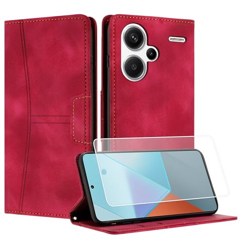 Yihaoyard Handyhülle für Xiaomi Redmi Note 13 Pro Plus 5G Premium Lederhülle Handytasche mit Magnet Kartenhalter Standfunktion Flip Case für Xiaomi Redmi Note 13 Pro Plus 5G - 1 Panzerglas (Rot) von Yihaoyard