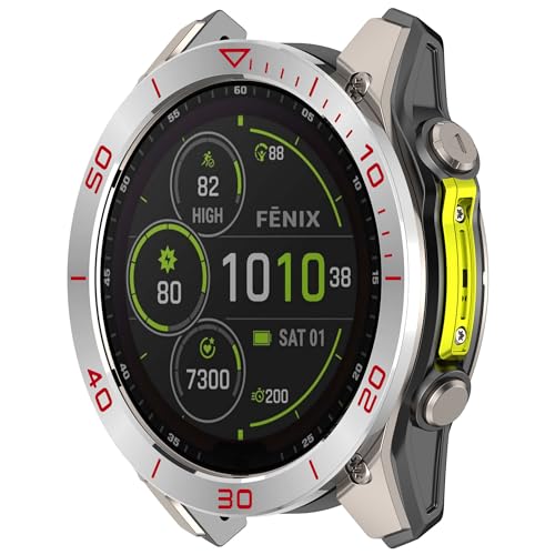 Yikamosi Rostfreier Stahl Lünetten Ring Accessory,Bezel Ring Adhesive Cover Anti-Kratz- und Kollisionsschutz Kompatibel mit Garmin Tactix 8 51MM AMOLED,Silber/Rot von Yikamosi