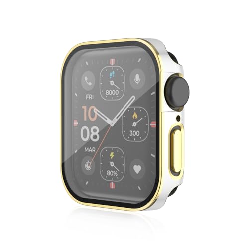 Yikamosi Schutzhülle Kompatibel mit Aplle Watch Series 9/8/7 45mm Accessories,Hülle mit Displayschutz aus Anti-Kratzglas Vollabdeckung HD Ultradünne Schutzfolie für iWatch,Weiß/Gold von Yikamosi