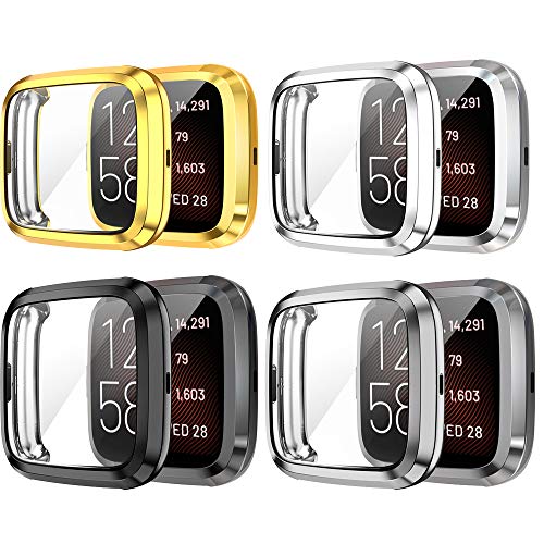 Yikamosi Screen Protector Compatible with Fitbit Versa 2,Soft TPU Full Coverage Protective Case Cover Compatible with Fitbit Versa 2/Versa 2SE,4PC(Gold,Silver,Black,Gray) von Yikamosi