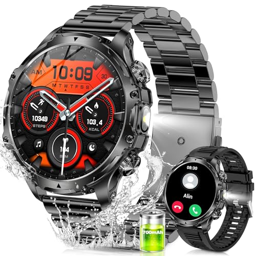Smartwatch Herren mit Telefonfunktion(LED-Taschenlampe), 1,9''HD-Großbildschirm, 700 mAh-Akku, 120+ Sportmodi/IP68 Wasserdicht, 24/7 Herzfrequenz, Schlafmonitor, Edelstahl Smart Watch für Android iOS von Yilitazaro