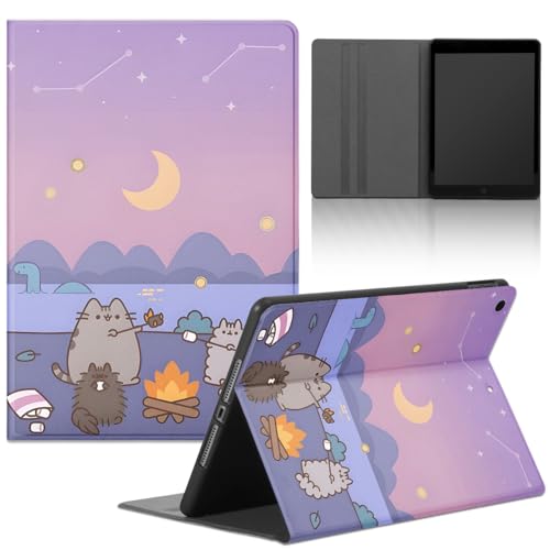 Tablet Hülle für iPad 9,7" 6./5. Generation 2018/2017, Anime Cartoon Cute Katze Pusheen Cat Manga Muster TPU Schutzhülle Flip PU Leder Flip Cover Stoßfest Verstellbar Ständer Tablet Case, Mond von Yimctoie
