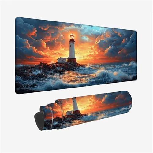 Mauspad Leuchtturm Schreibtischunterlage Wellen Mauspad XXL 1000x500x3mm Mousepad Rutschfeste Gummibasis, Achreibtischunterlage mit Kantenschutz, Wasserdicht und Langlebig Mouse Pad für PC, Büro Y2-58 von Yingeen