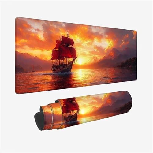 Schreibtischunterlage Sonnenuntergang Mauspad Boot Mousepad XXL 1600x800x3mm Mauspad Gaming mit Genähten Kanten, Nicht rutschender Desk Mat, wasserdichte Waschbar Mouse Pad für Laptop Zuhause Y2-387 von Yingeen