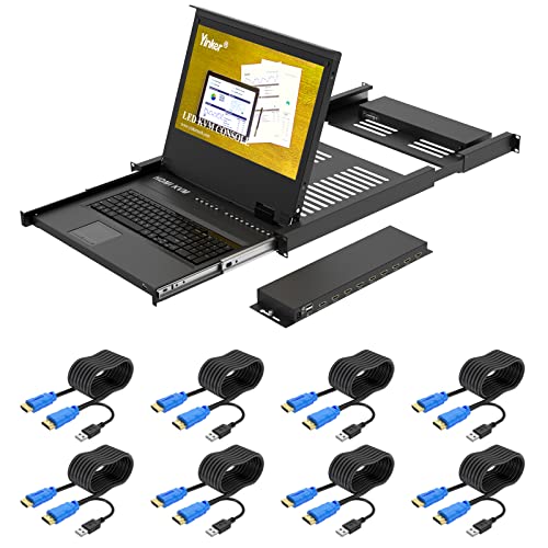 17.3'' LCD KVM Konsole HDMI 8 Port, Yinker Rackmount KVM Switch Fit 1U 19 Zoll Rack, Tastatur Monitor Touchpad Schublade Integriert + Kabel 1920x1080 von Yinker