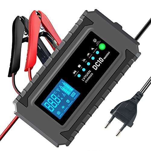 Autobatterie Ladegerät 10A 12V/24V Batterieladegerät Auto Vollautomatisches Intelligentes Erhaltungsladegerät mit LCD-Bildschirm, Ladegeräte für Autobatterien und Motorradbatterie von Yinleader