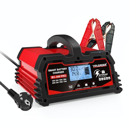 Autobatterie Ladegerät 30A 12V/24V Batterieladegerät Auto Vollautomatisches Intelligentes Erhaltungsladegerät mit LCD-Bildschirm, Ladegeräte für Autobatterien von Yinleader