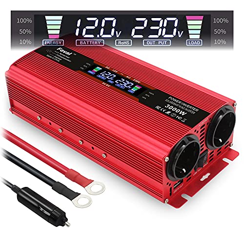 Spannungswandler 12V 230V 1500W 3000W Peak Wechselrichter LCD | stromumwandler mit 2 Steckdose USB - Rot von Yinleader
