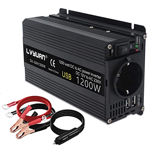 Wechselrichter 12V 230V 1200W Spannungswandler DC 12V auf AC 230V Stoßkraft KFZ Inverter mit EU-Steckdose und 2 USB Anschlüsse inklusive Kfz Zigarettenanzünder Stecker Autobatterieclips von Yinleader