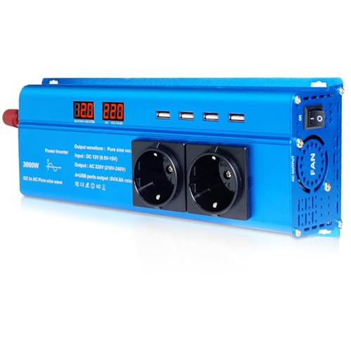 Wechselrichter 12V 230V Reiner Sinus 1500W /3000W Spannungswandler mit 2 AC-Steckdose 4 USB 2 LED von Yinleader