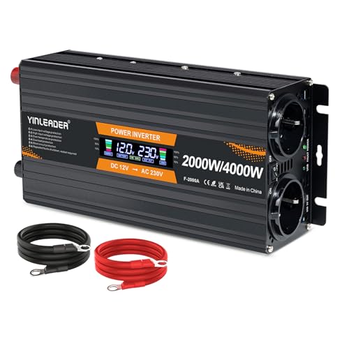 Yinleader Wechselrichter 12V 230V 2000W Spannungswandler mit LCD Display DC 12V auf 230V AC Spitzenleistung Wechselrichter mit 2 EU Steckdosen & USB Port für Auto Camping RV Haushalt LKW /4000W von Yinleader