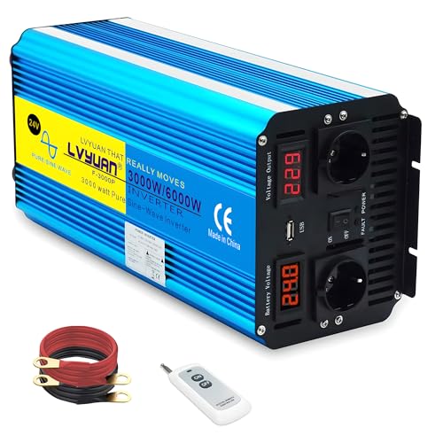 Yinleader 3000W Spannungswandler 24V 230V Reiner Sinus Wechselrichter Fernbedienung 2 LED Solar Inverter 2 Steckdose und USB DC Umwandler AC Stromwandler von Yinleader