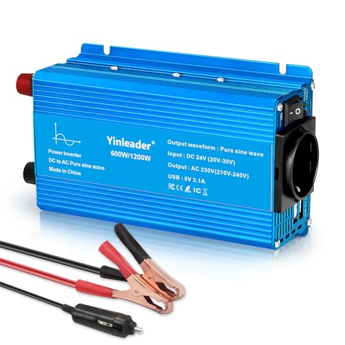 Yinleader Reiner Sinus Wechselrichter 600W / 1200W Spannungswandler 24V DC auf 230V AC mit 1 Steckdose und 2 USB von Yinleader