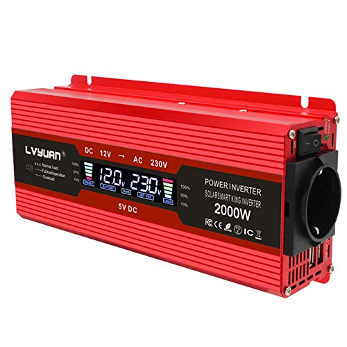 Yinleader Spannungswandler 1000W /2000W 12V 230V Wechselrichter Dual USB Power Inverter mit 1 Steckdose und LCD-Display von Yinleader