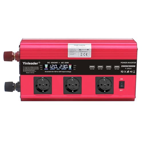 Yinleader 12V/24V auf 230V 2500W / 5000W Wechselrichter LCD 3 EU Steckdosen 4 USB von Yinleader