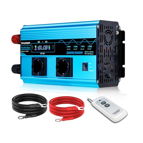 Yinleader Wechselrichter 12V 230V 2000W Reiner Sinus-Spannungswandler mit LCD | 2 Steckdosen und 4 USB /4000W von Yinleader