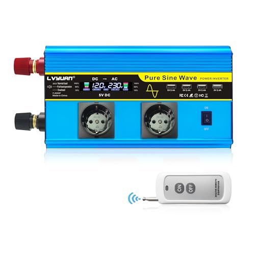 Yinleader Wechselrichter 2000W / 4000W Reiner Sinus-Spannungswandler 12V 230V mit 2 AC Steckdosen und 4xUSB LCD von Yinleader