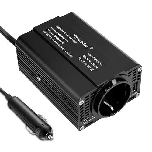 Yinleader Wechselrichter 200W 12V zu 230V Spannungswandler Kfz-Zigarettenanzünder-Adapter Euro-Steckdosen mit Type-C QC 3.0 USB-Schwarz von Yinleader