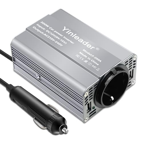 Yinleader Wechselrichter 200W DC 12V auf 230V AC KFZ Spannungswandler 1 Euro-Steckdosen 2 USB Power Inverter-Gray von Yinleader