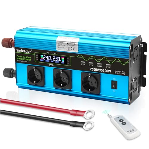 Yinleader Wechselrichter 24V 230V 2600W / 5200W Reiner Sinus-Spannungswandler | 3 x AC Steckdosen und 4 USB-Anschlüssen | 10 m drahtlose Fernbedienung LCD-Display Yinleader Wechselrichter 24V 230V 2600W / 5200W Reiner Sinus-Spannungswandler | 3 x AC Steckdosen und 4 USB-Anschlüssen | 10 m drahtlose Fernbedienung LCD-Display von Yinleader
