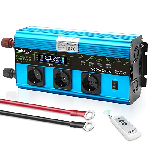 Yinleader Wechselrichter 2600W / 5200W Reiner Sinus-Spannungswandler 12V 230V mit DREI AC Steckdosen und 4 USB LCD von Yinleader