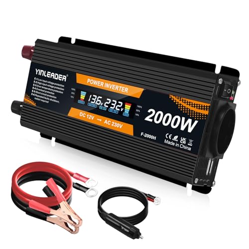 Yinleader Wechselrichter 900W 2000W 12V 230V Spannungswandler LCD mit 1 Steckdose 2 USB Anschlüsse von Yinleader