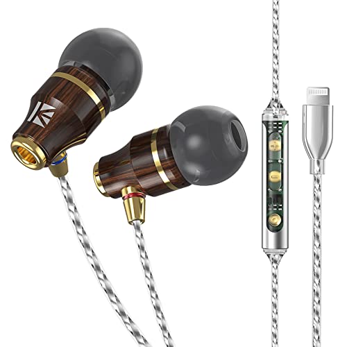 Yinyoo KBEAR KW1 Lightning-Ohrhörer, [MFi-Zertifiziert] In-Ear-Kopfhörer aus Holz mit Kabel, kompatibel mit iPhone 14/13/12/11/X/XS/8/7/iPad 9/8 (Dunkelkaffee, Lightning-Anschluss mit Mikrofon) von Yinyoo