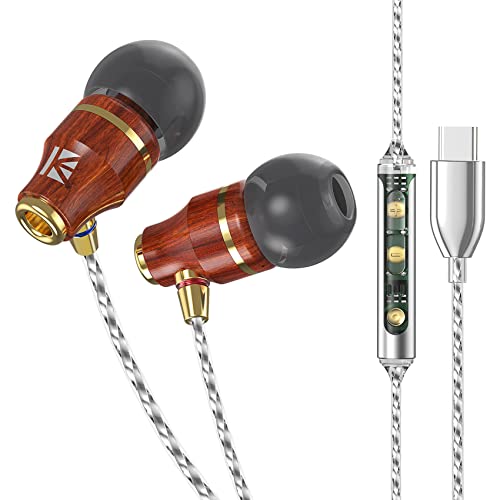 Yinyoo KBEAR KW1 USB-C-Kopfhörer aus Holz mit Kabel, Typ-C-Ohrhörer, HiFi-In-Ear-Kopfhörer für Samsung S23/S22/S21/S20; iPad Pro 2022/2021; Huawei P/Mate; Google Pixel (Rotbraun, Typ-C mit Mikrofon) von Yinyoo