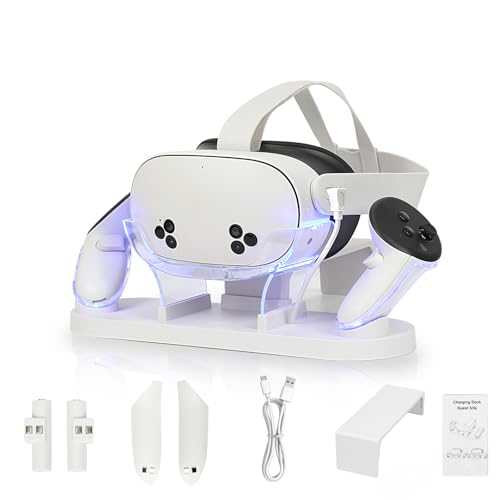 YipuVR Ladestation für Meta Quest 3/3S, Ladestation mit LED-Anzeige, Magnetische Ladestation für Quest 3/3S Headset und Controller, mit 2 wiederaufladbaren Batterien, USB-C Kabel von YipuVR