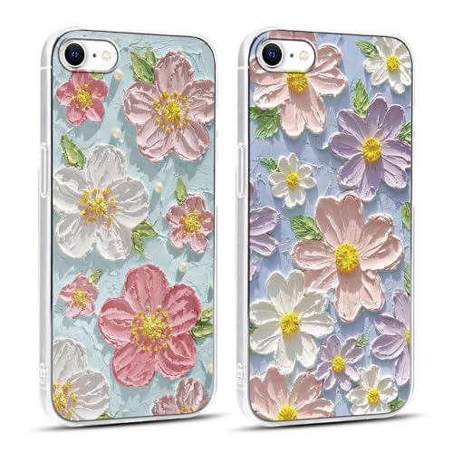 Yirlbey 2 Stück Blumen HandyHülle für iPhone 7/8/SE2020/SE2022 Hülle, Aesthetic Schutzhülle Blumen Muster Öl auf Leinwand Design Mädchen Frauen Geschenk Case, Silikon Cover für iPhone SE 4,7", Farben von Yirlbey