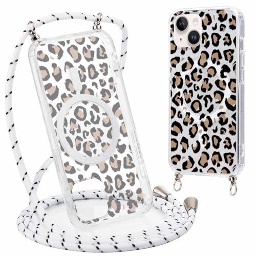Yirlbey Handykette Handyhülle für iPhone 14/iPhone 13 Hülle mit Band, Kompatibel mit MagSafe, Aesthetic Leopard Muster, Transparent Silikon PC Schutzhülle mit Kordel Case für iPhone13 6,1", Braun von Yirlbey