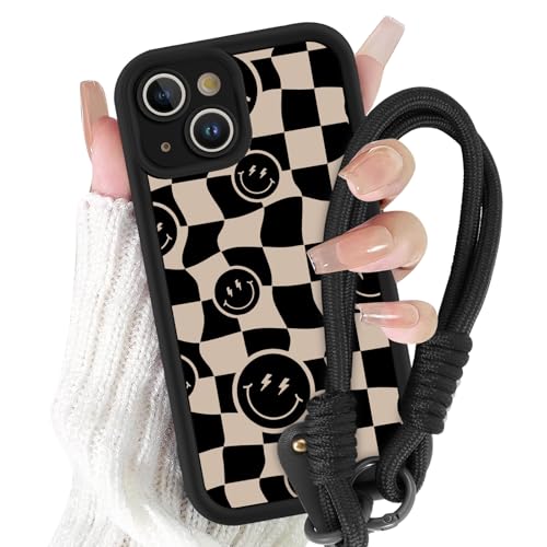 Yirlbey Handykette Handyhülle für iPhone 14 Hülle mit Armband 6,1", Schnur Schutzhülle mit Aesthetic Schwarz Kariert Muster mit Kordel zum Umhängen Cover, Stoßfest Silikon TPU Case für iPhone14 von Yirlbey