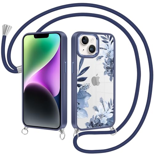 Yirlbey Handykette für iPhone 14 / iPhone 13 Hülle mit Band 6,1'', Aesthetic Blumen Motiv Design Transparent TPU Case Necklace Handyhülle für zum Umhängen Stoßfest Schutzhülle für Mädchen, Blau Yirlbey Handykette für iPhone 14 / iPhone 13 Hülle mit Band 6,1'', Aesthetic Blumen Motiv Design Transparent TPU Case Necklace Handyhülle für zum Umhängen Stoßfest Schutzhülle für Mädchen, Blau von Yirlbey