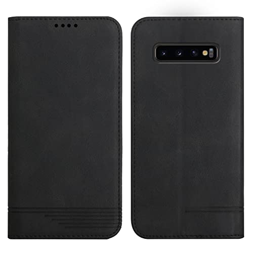 Klapphülle Kompatible für Samsung Galaxy S10+/S10 Plus, Einfarbig PU Lederhülle Weich TPU Handyhülle mit Kartenfach Stark Magnetverschluss Flip Case -Schwarz von Yiscase